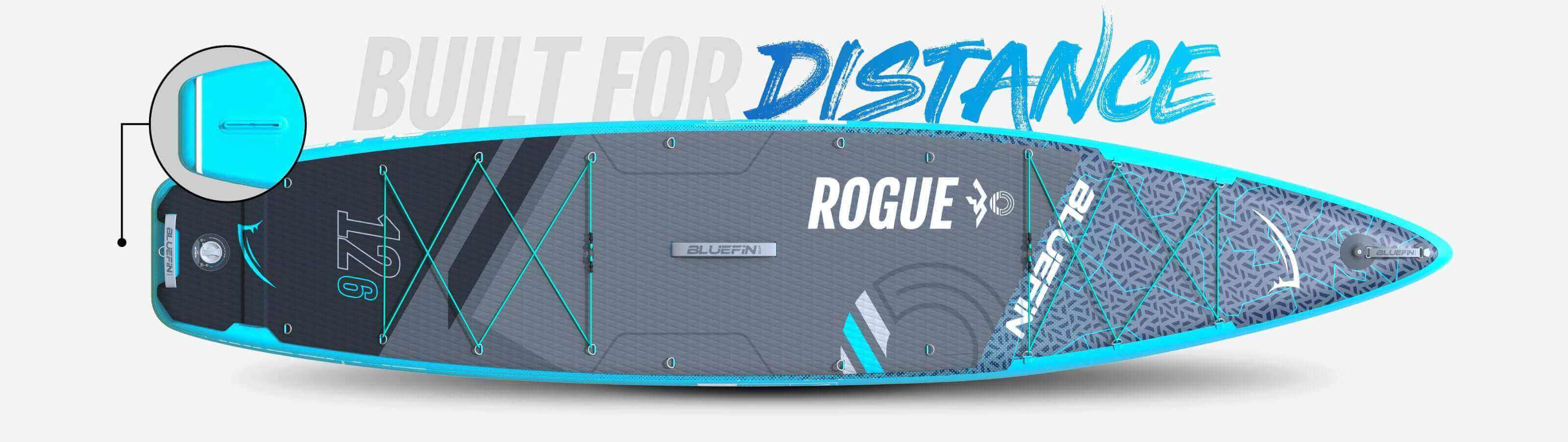 Inflatable paddleboard with blue accents, textured deck, center fin, and bungee storage system.