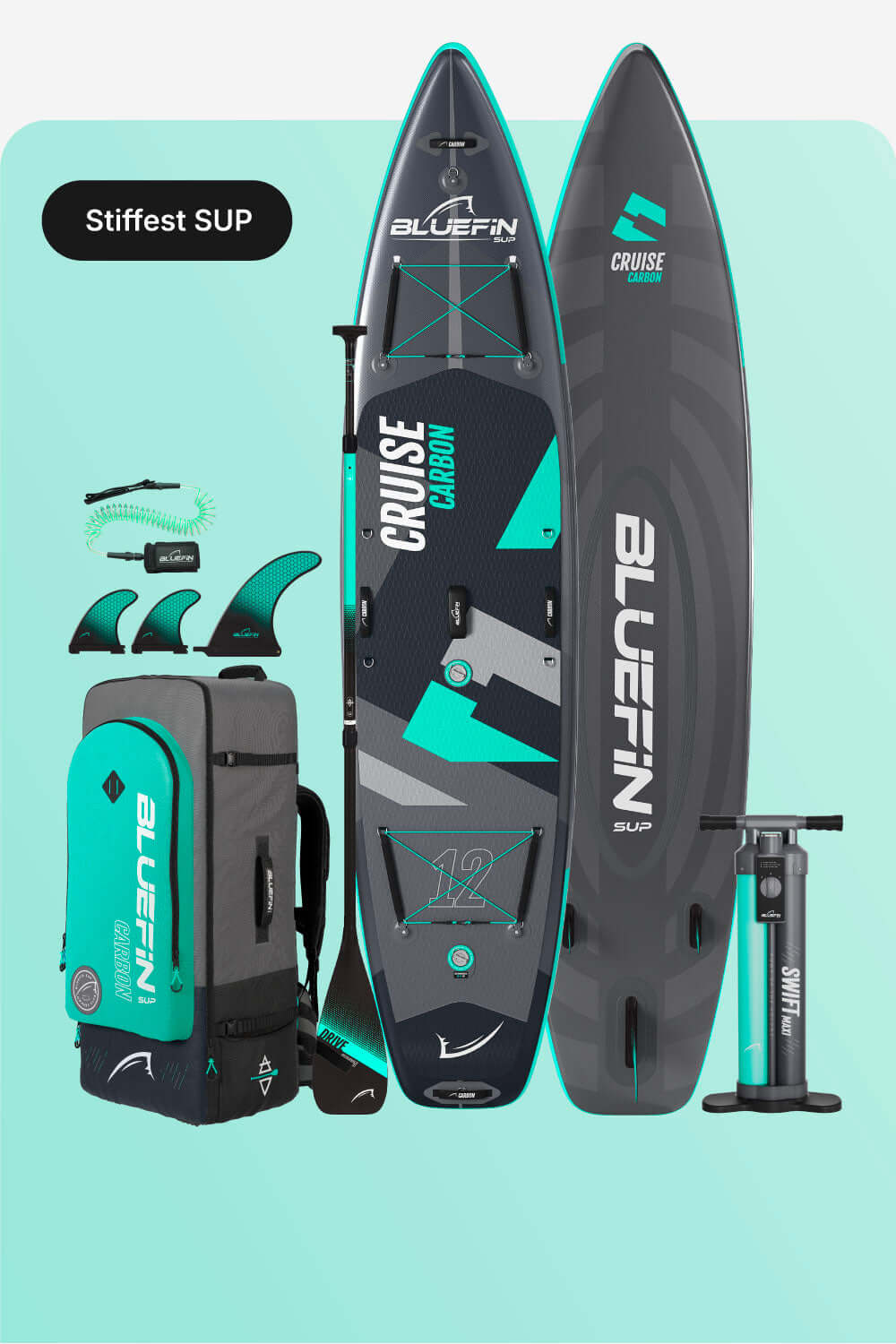 Inflatable Bluefin SUP with carbon design, fins, pump, and carrying backpack on a light background