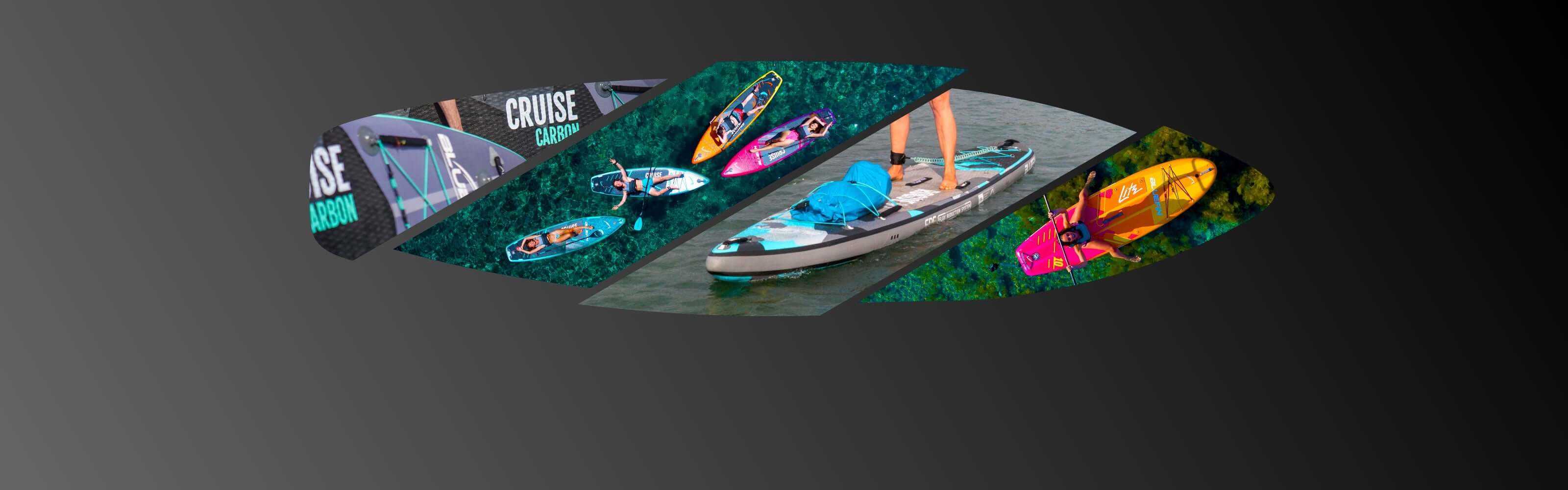 Collage of paddleboards in various colors on water, showcasing designs and features.
