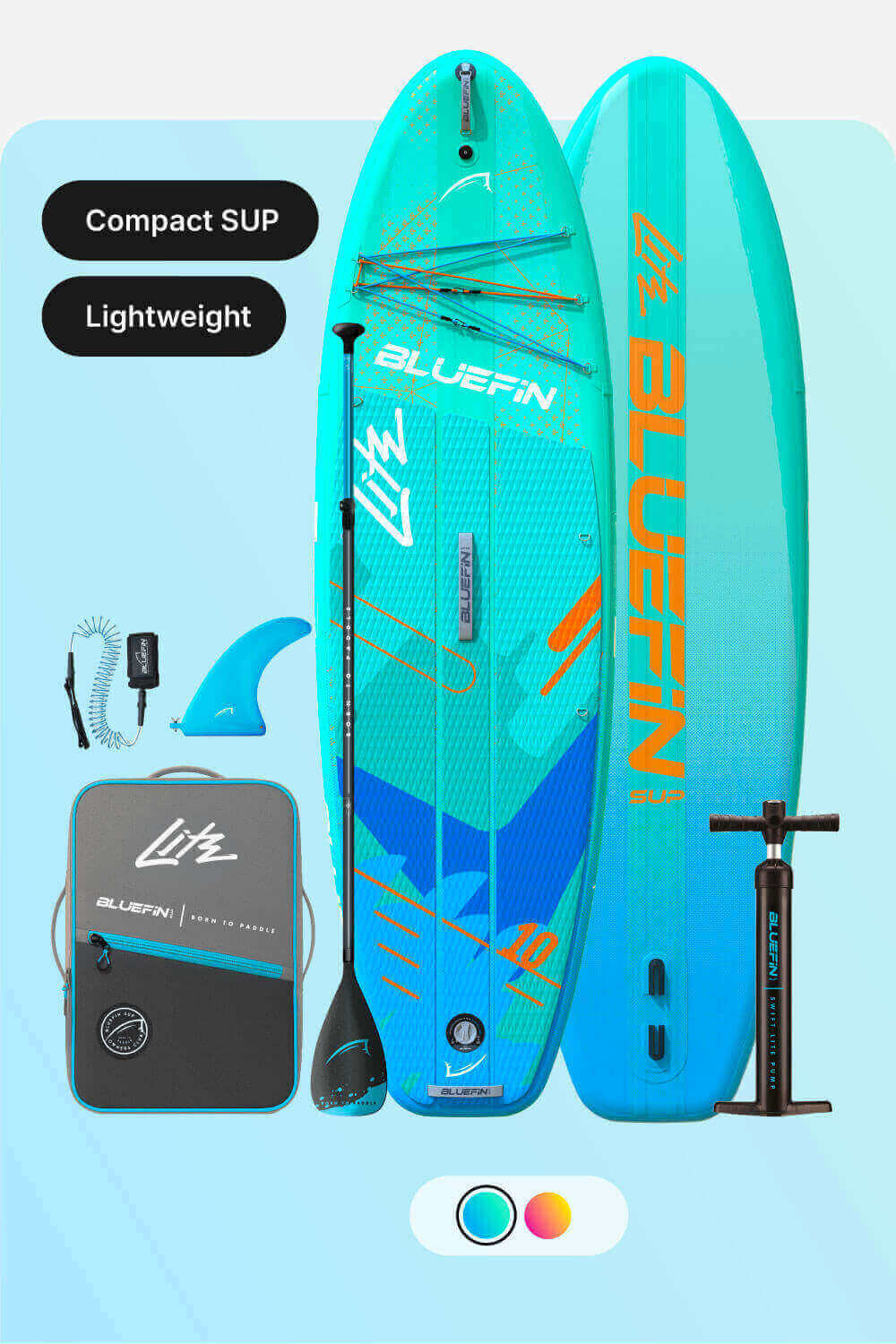 Inflatable paddleboard in turquoise with paddle, fin, pump, and carrying bag for easy transport