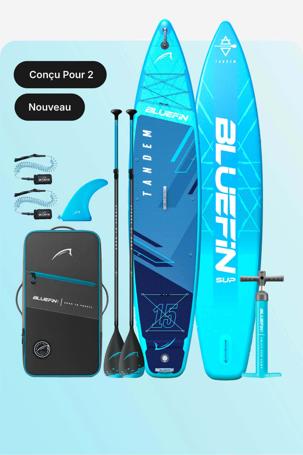 Inflatable tandem paddleboard in blue with two paddles, fin, pump, and carrying bag included