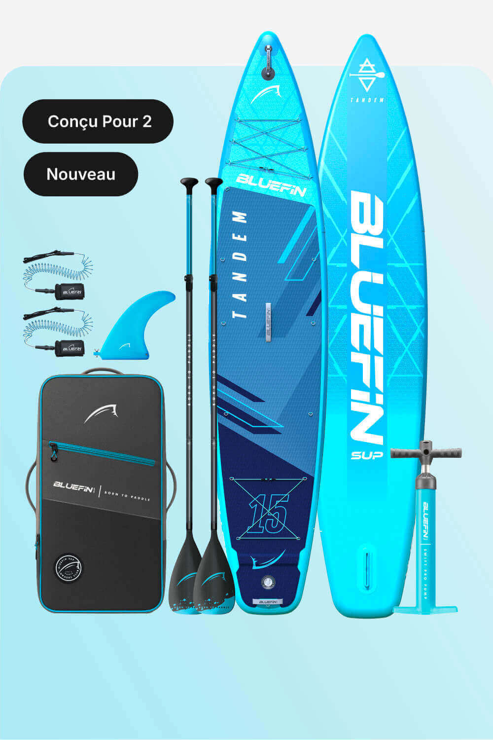 Inflatable tandem paddleboard in blue with two paddles, fin, pump, and carrying bag included