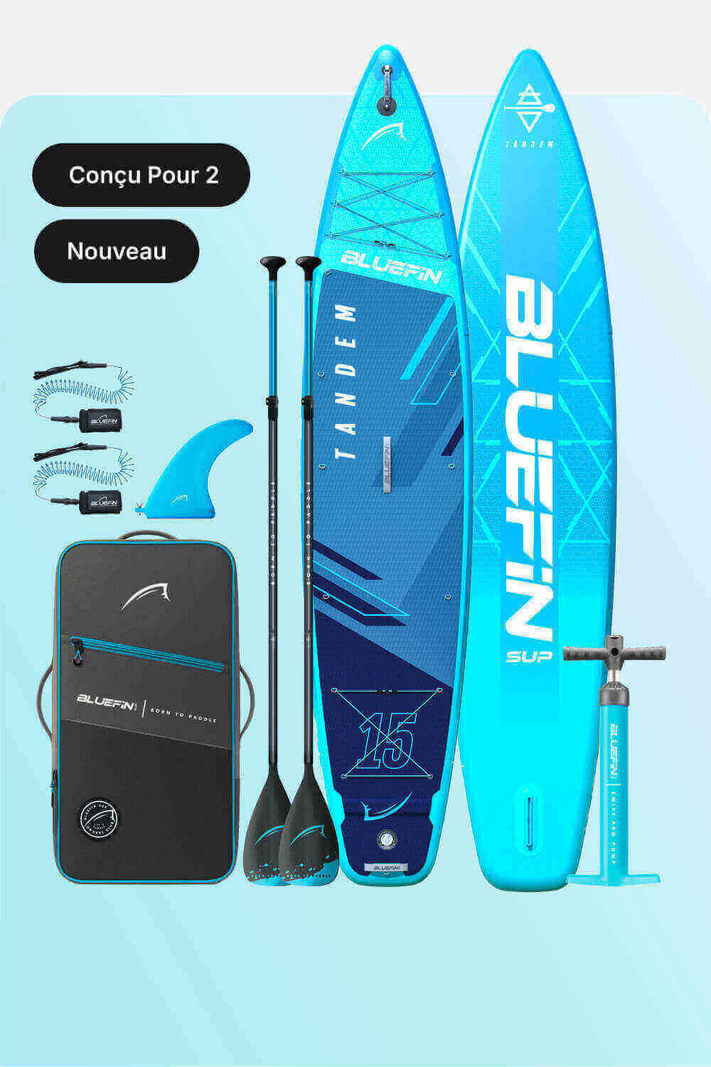 Inflatable tandem paddleboard in blue with two paddles, fin, pump, and carrying bag included