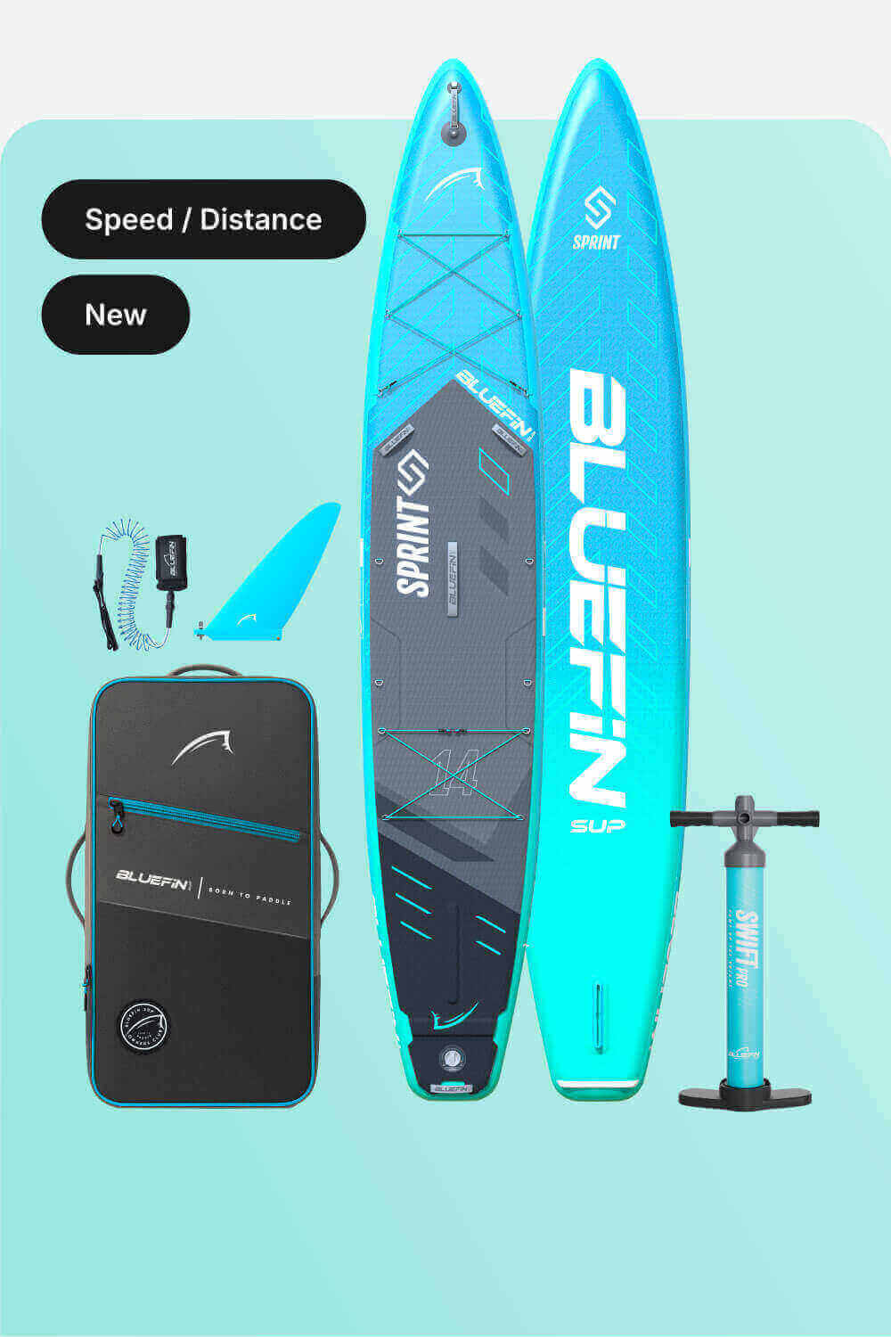 Inflatable paddleboard in blue with center fin, pump, backpack, and accessories for speed and distance.