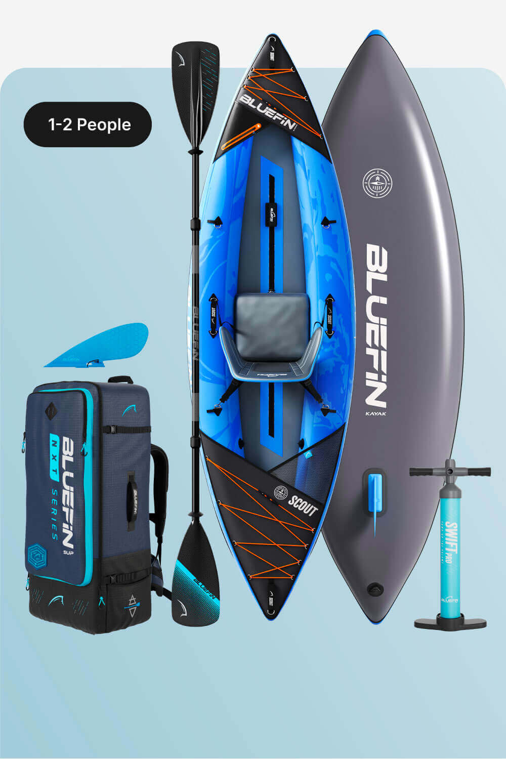 Inflatable kayak in blue with seat, paddle, pump, and carrying bag for 1-2 people.