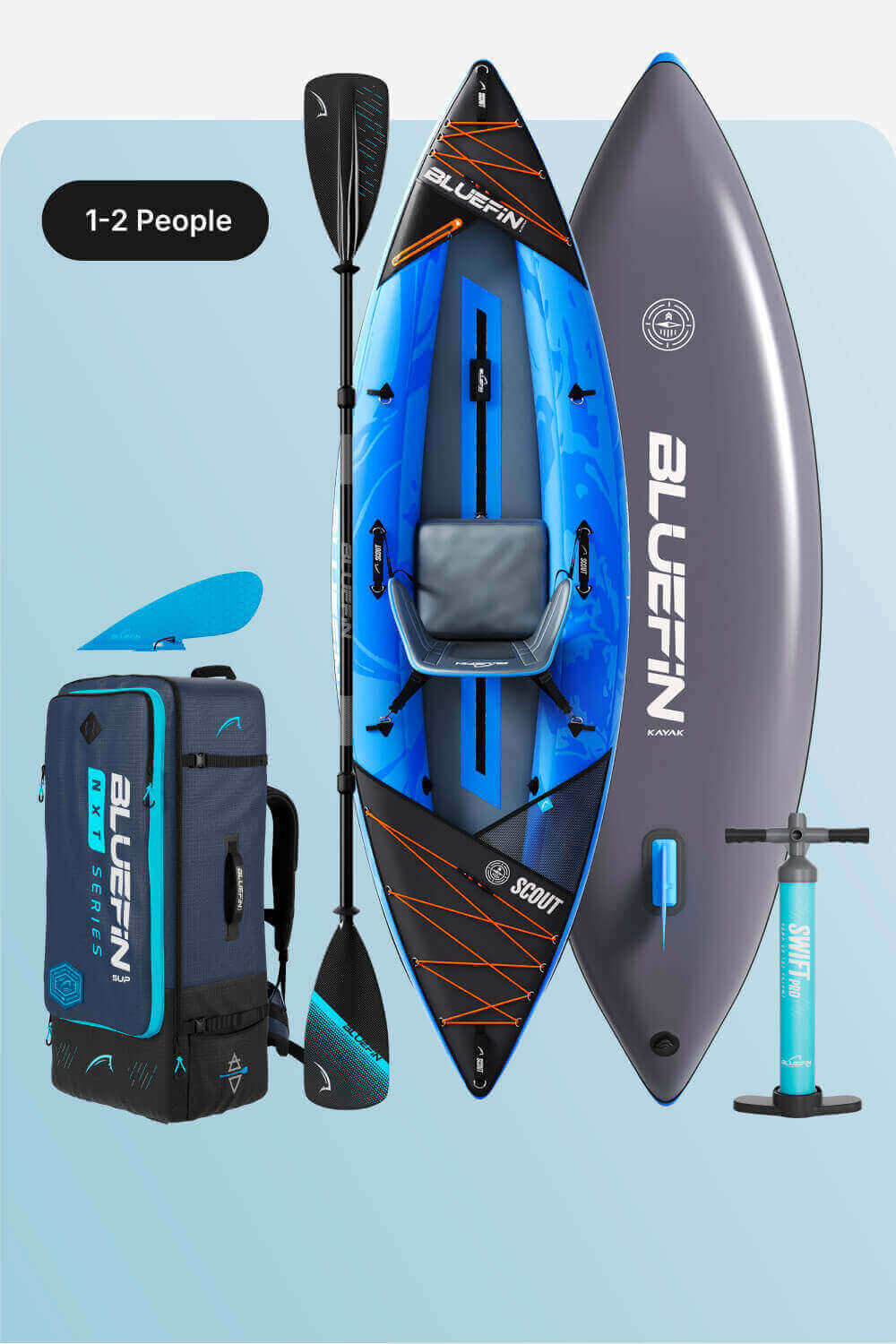 Inflatable kayak in blue with seat, paddle, pump, and carrying bag for 1-2 people.