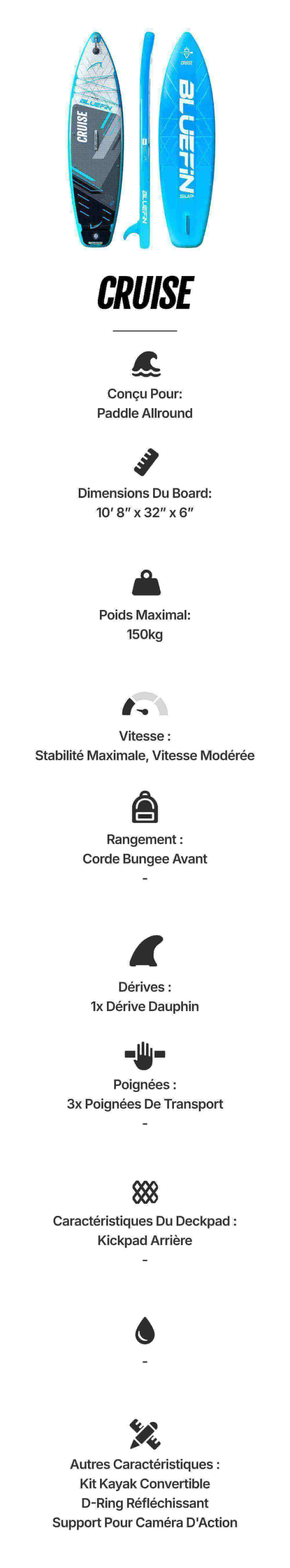 Inflatable paddleboard in blue with bungee cord, center fin, and three carrying handles