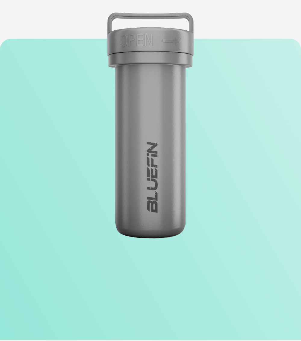 Gray water bottle with a screw-on lid, marked 'OPEN', against a light teal background