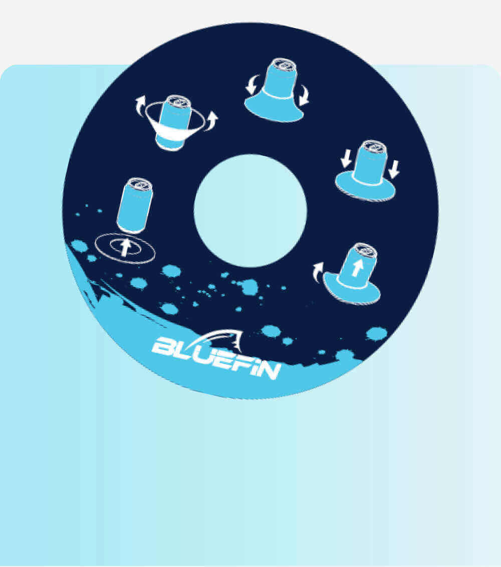 Circular graphic showing paddleboard features with arrows indicating movement directions and "BLUEFIN" text.
