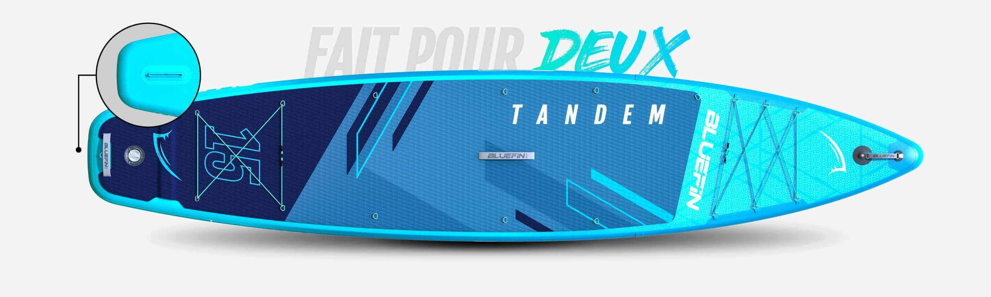 Inflatable tandem paddleboard in blue with textured deck, center fin, and inflation valve