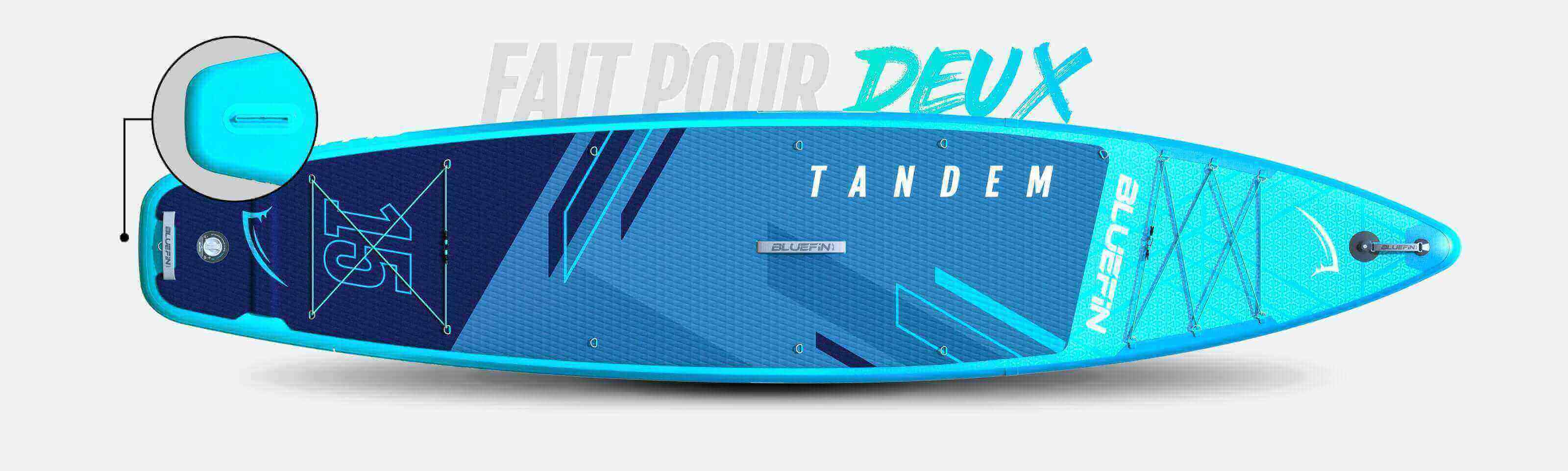 Inflatable tandem paddleboard in blue with textured deck, center fin, and inflation valve