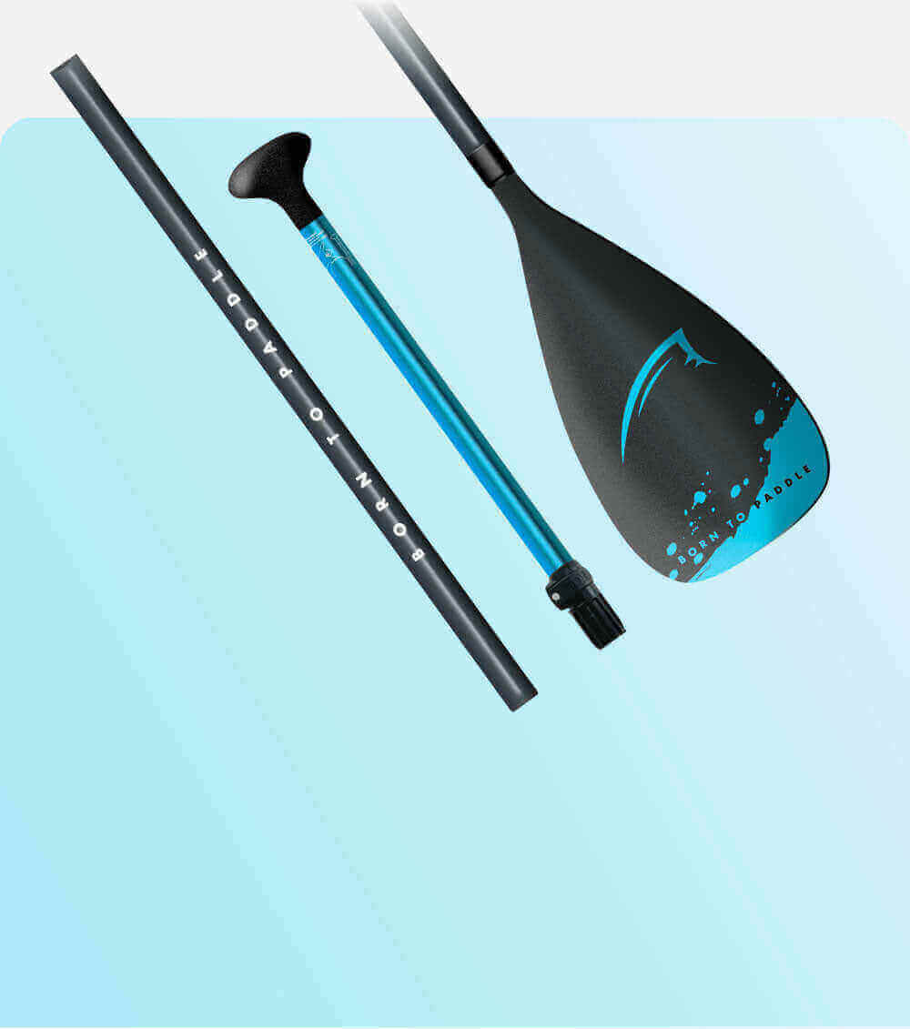 Paddle with a black blade, blue shaft, and black handle, arranged on a light blue background.