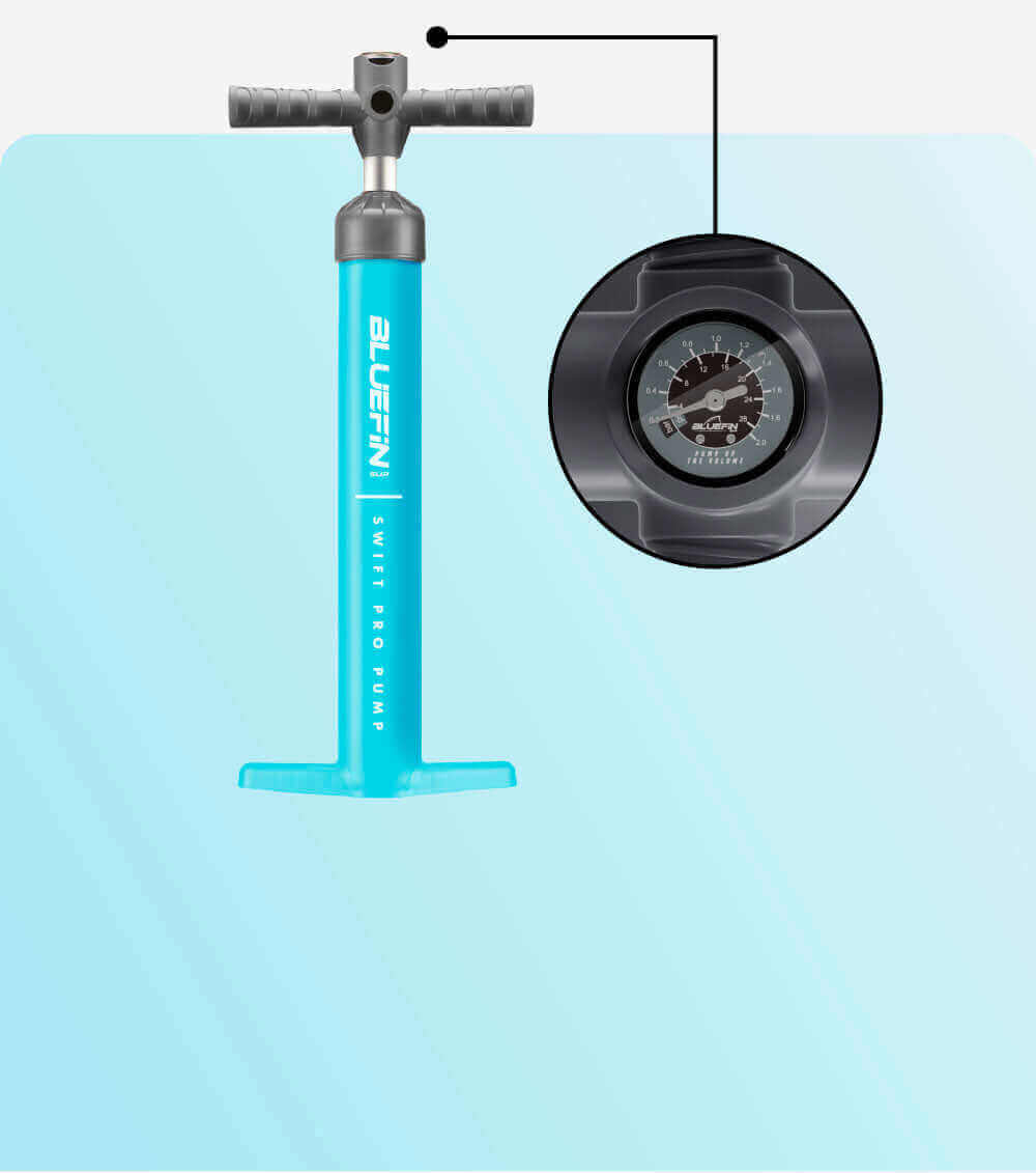 Bluefin Swift Pro Pump in turquoise with a pressure gauge on top for inflating paddleboards.