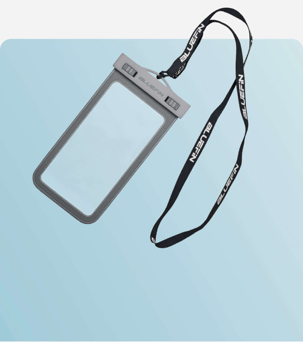 Clear waterproof phone case with gray edges and a black lanyard, suitable for water activities.