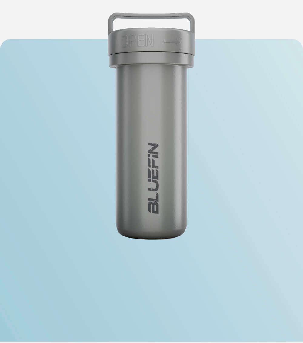 Gray waterproof container with an open lid and a handle, featuring the Bluefin logo.
