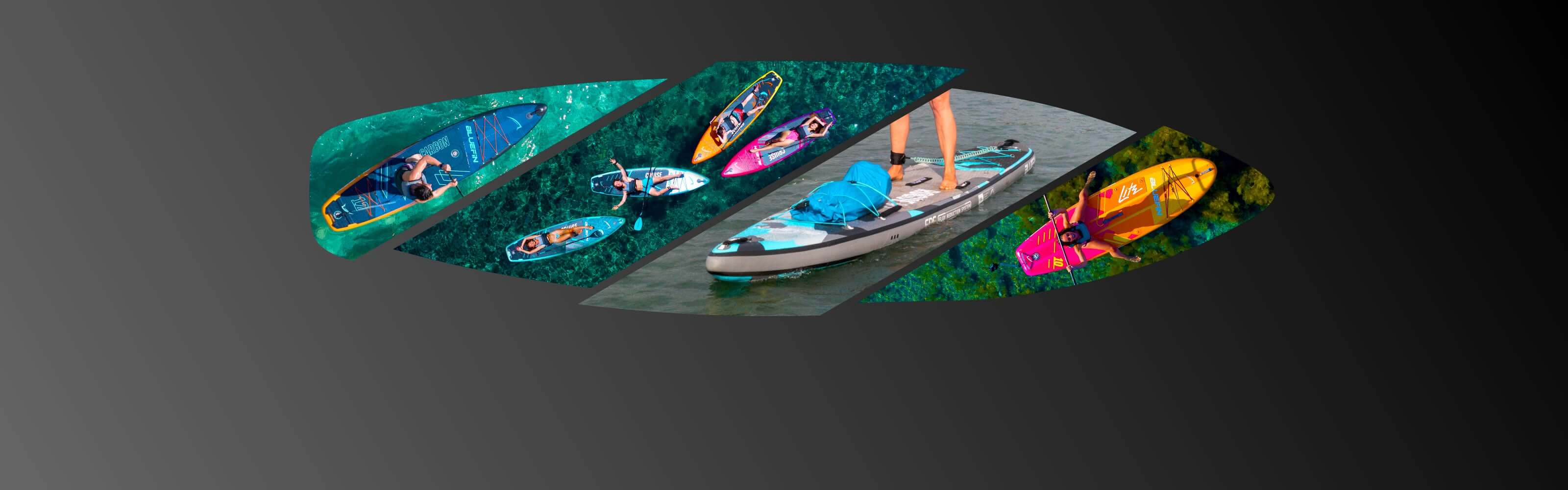 Collage of paddleboards in various colors on water, showing paddlers and gear.