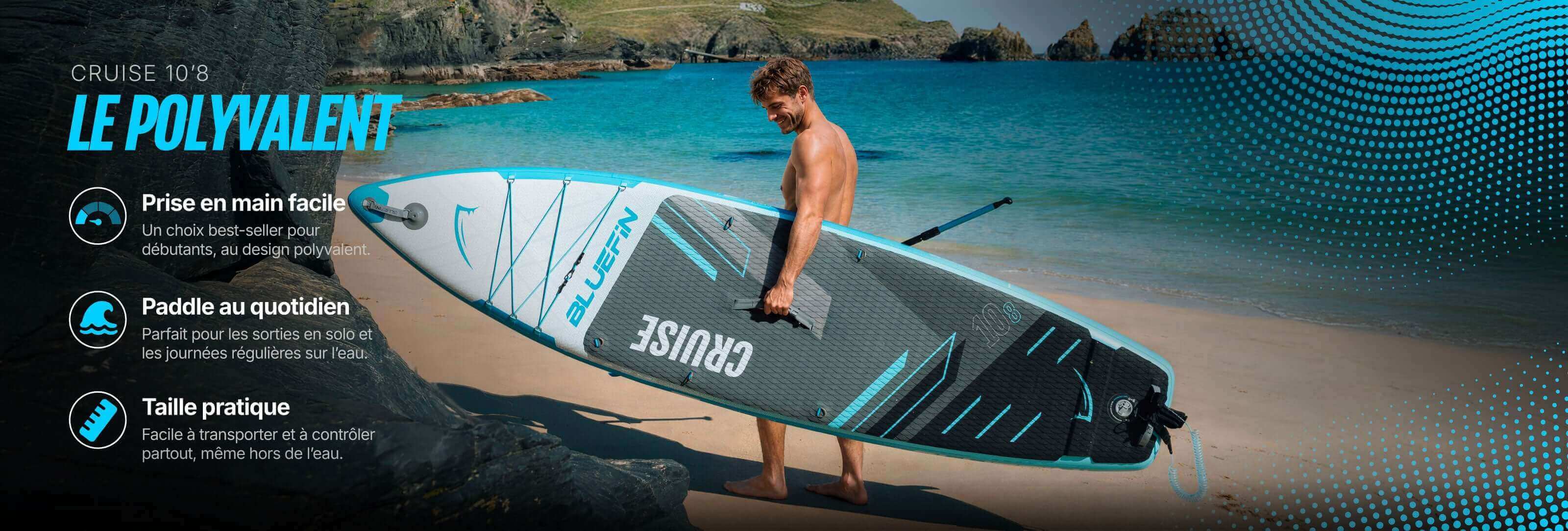 Inflatable paddleboard on beach, featuring textured deck, center fin, and carrying handle