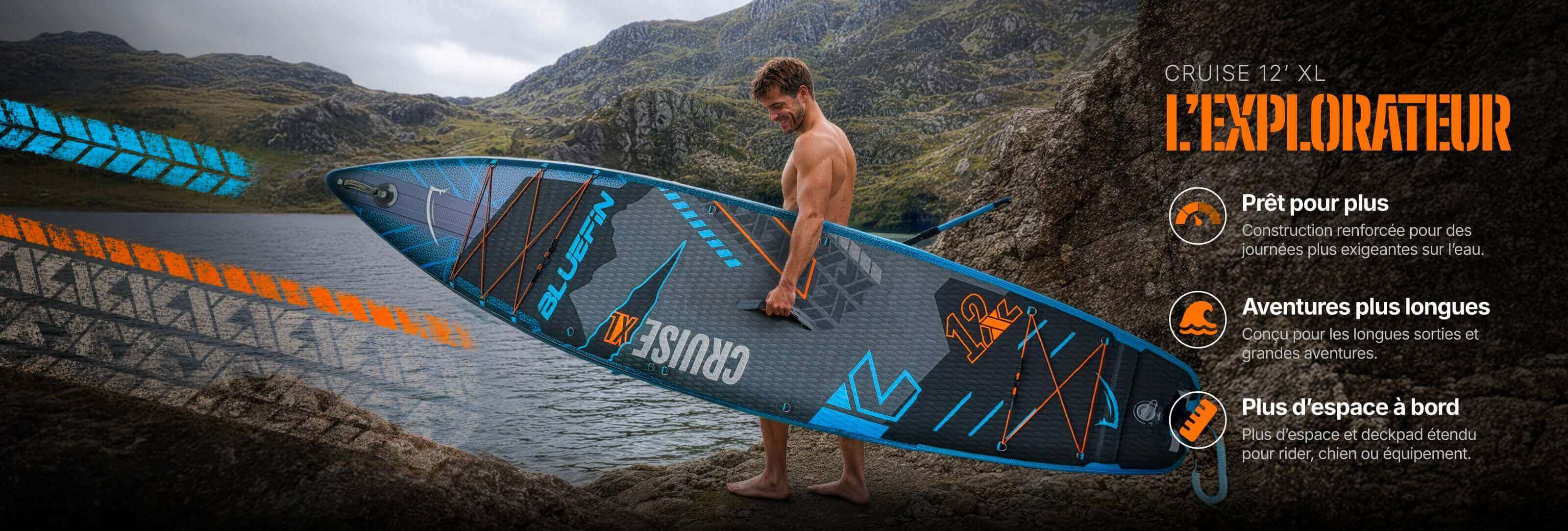 Inflatable paddleboard with textured deck, orange and blue accents, and a man standing on rocky shore.