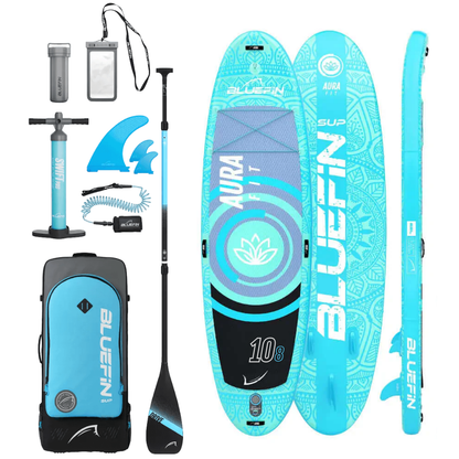 Inflatable paddleboard kit with paddle, pump, fins, backpack, and waterproof phone case in blue tones