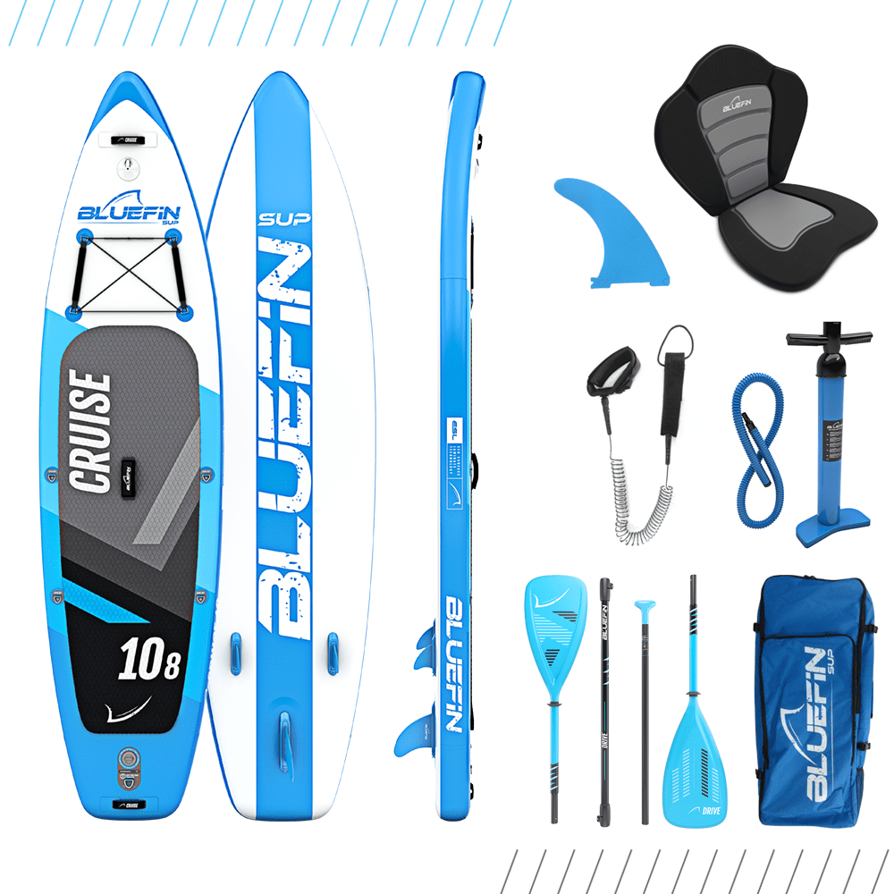 Inflatable paddleboard with blue design, fin, paddle, pump, and seat for water activities