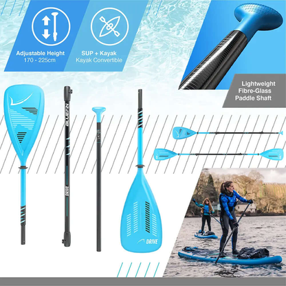 Adjustable blue paddle with fiberglass shaft, suitable for SUP and kayak use, shown with users on water.