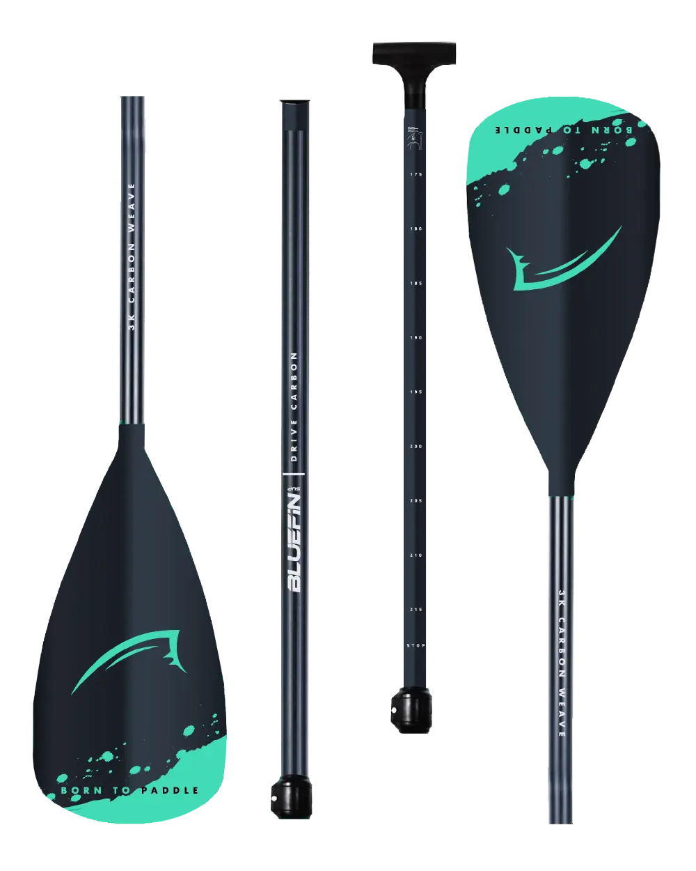 Three-piece paddle with a black shaft, teal blade, and adjustable length markings.