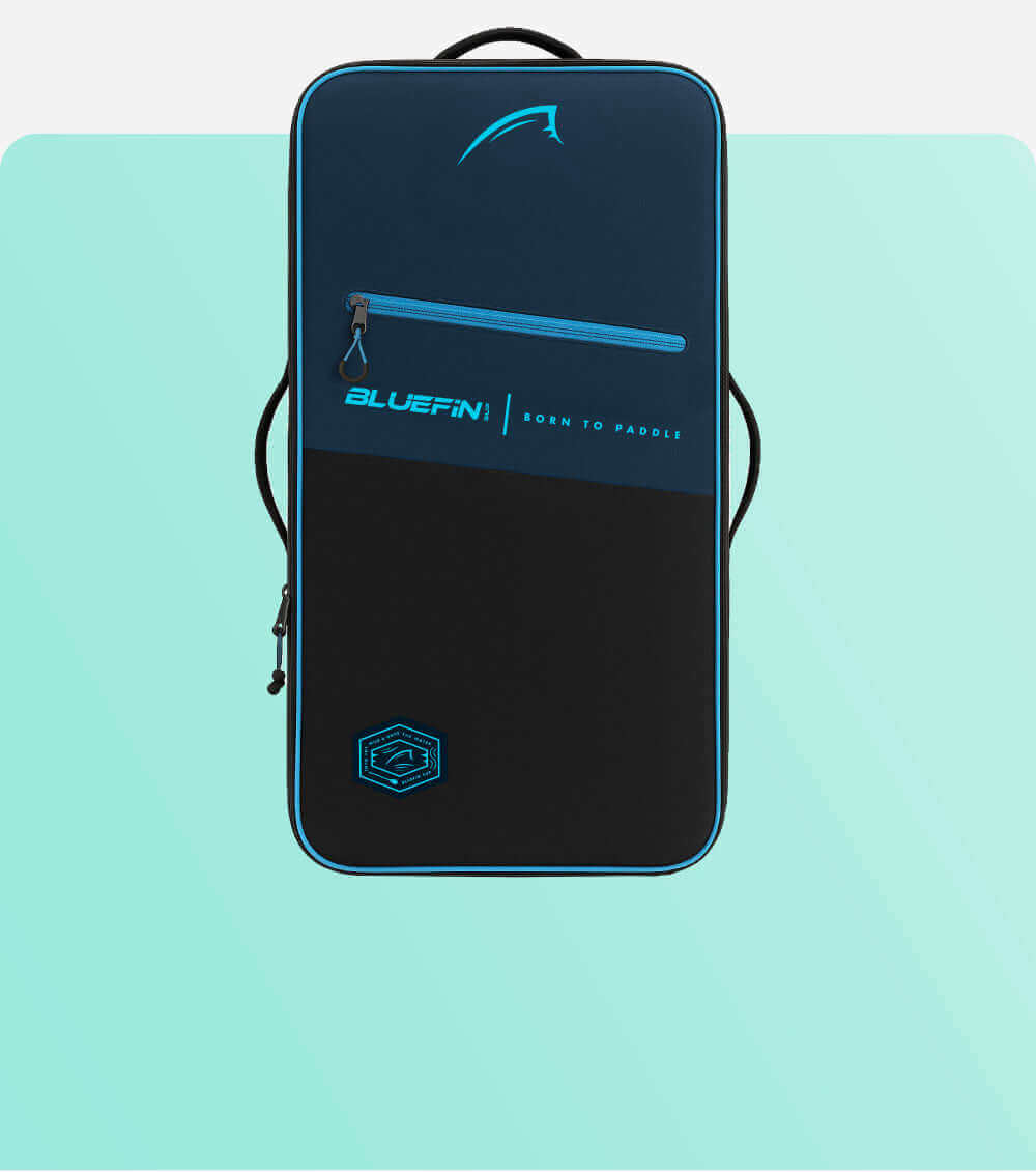 Bluefin paddleboard bag in navy and black with zipper and logo, designed for storage and transport
