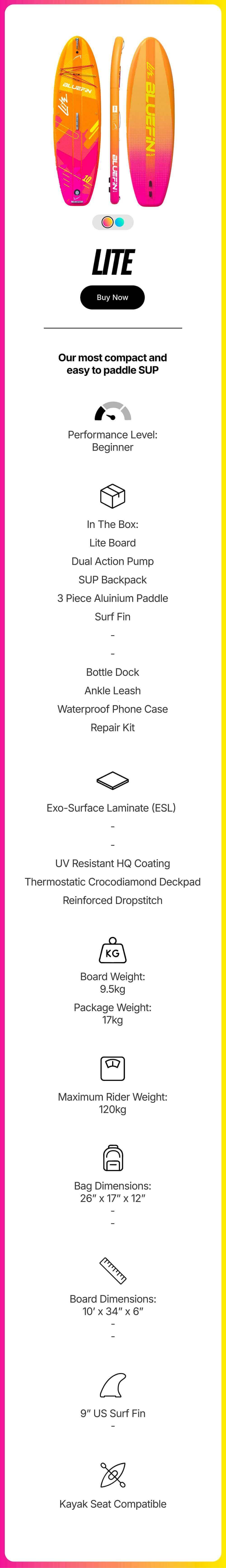 Inflatable paddleboard in orange and pink with textured deck, center fin, and included accessories.