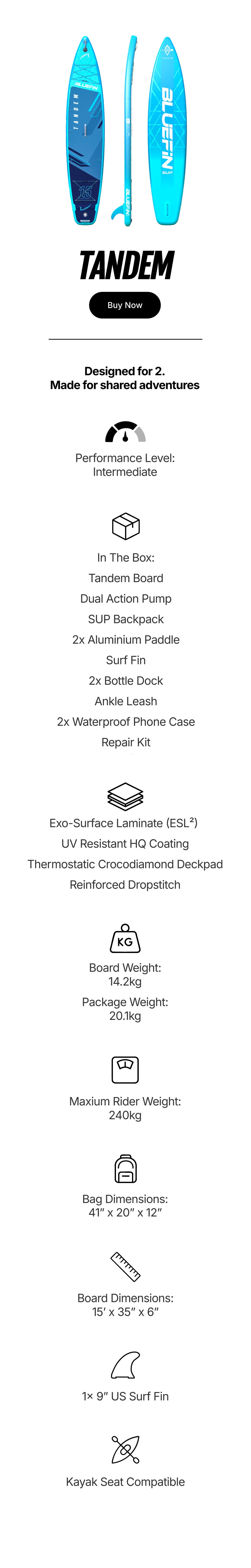 Inflatable tandem paddleboard in blue with textured deck, fin, and included accessories for two riders