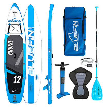 Inflatable paddleboard with blue and white design, paddle, pump, backpack, and seat included