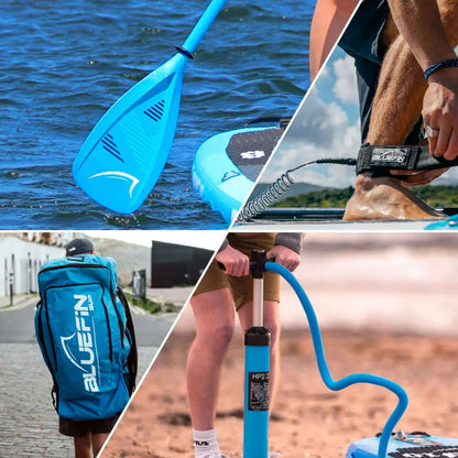 Collage of paddleboarding gear: blue paddle, backpack, leash, and pump on water and land.