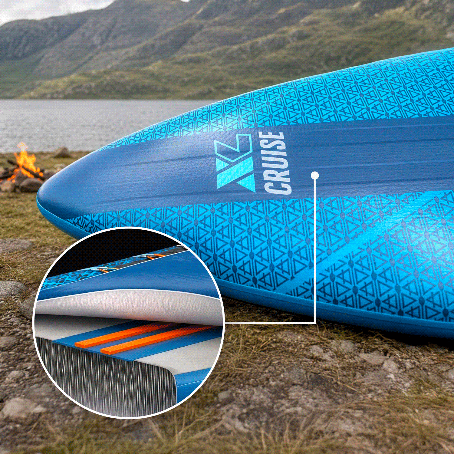 Inflatable paddleboard with blue geometric design, center fin, and visible inflation valve.
