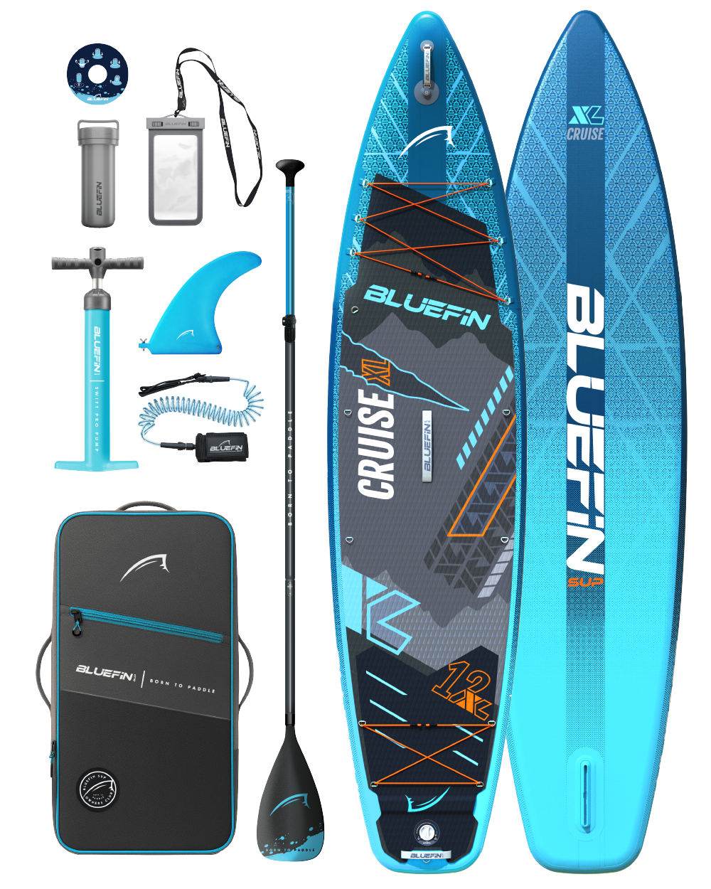 Inflatable paddleboard kit including a blue board, paddle, pump, fin, and carrying bag.