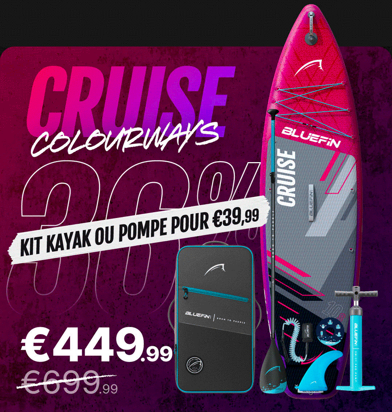 Inflatable paddleboard in pink and gray with center fin, pump, and carrying bag, priced at €449.99
