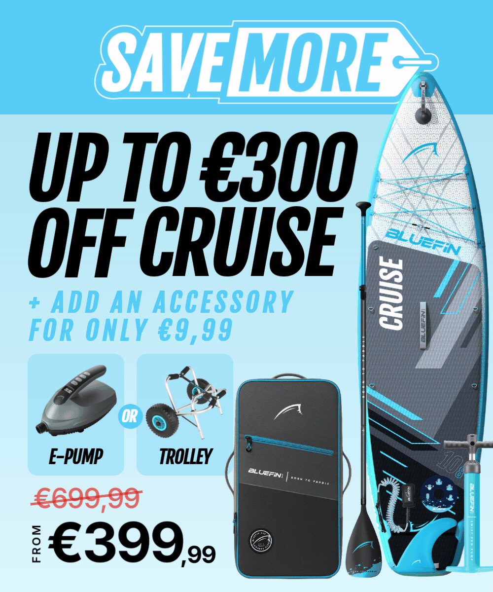 Promotional image featuring a Bluefin SUP board with price details, accessories, and discount information.