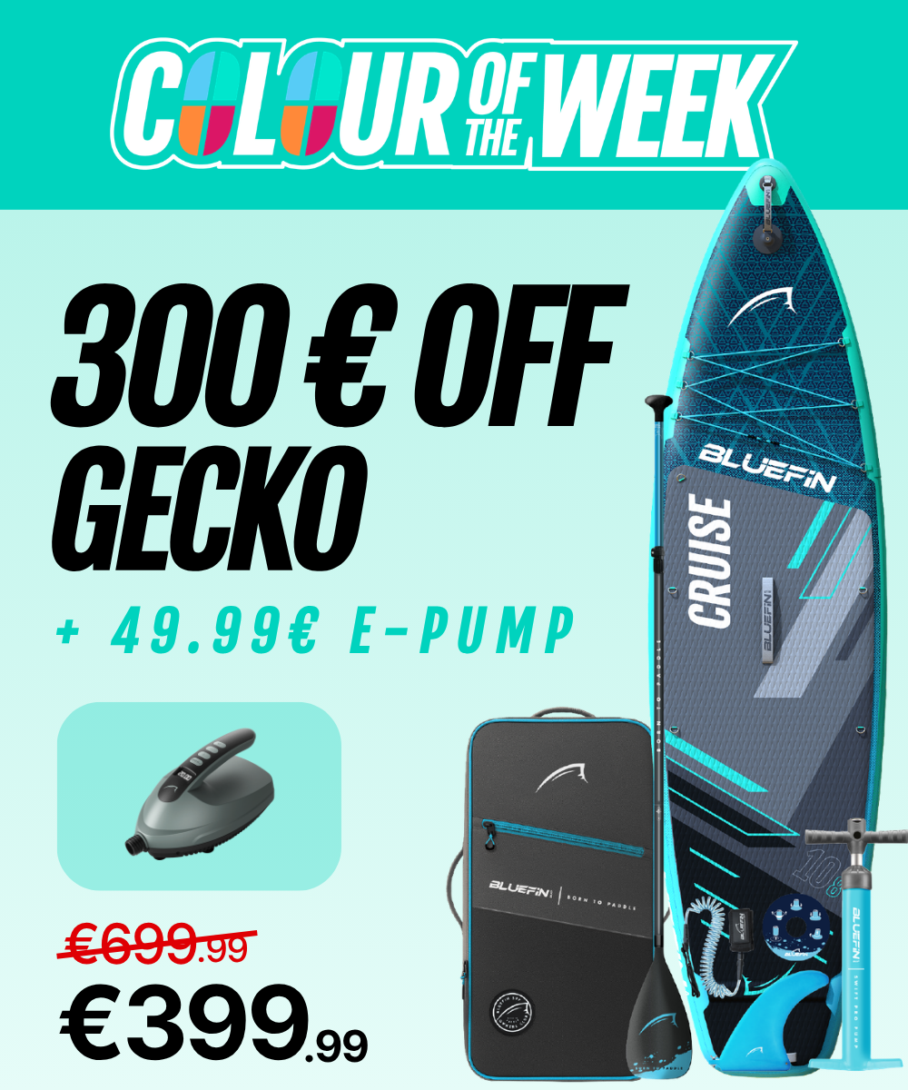 Inflatable paddleboard with blue and gray design, e-pump, and carrying bag, showing price discount.