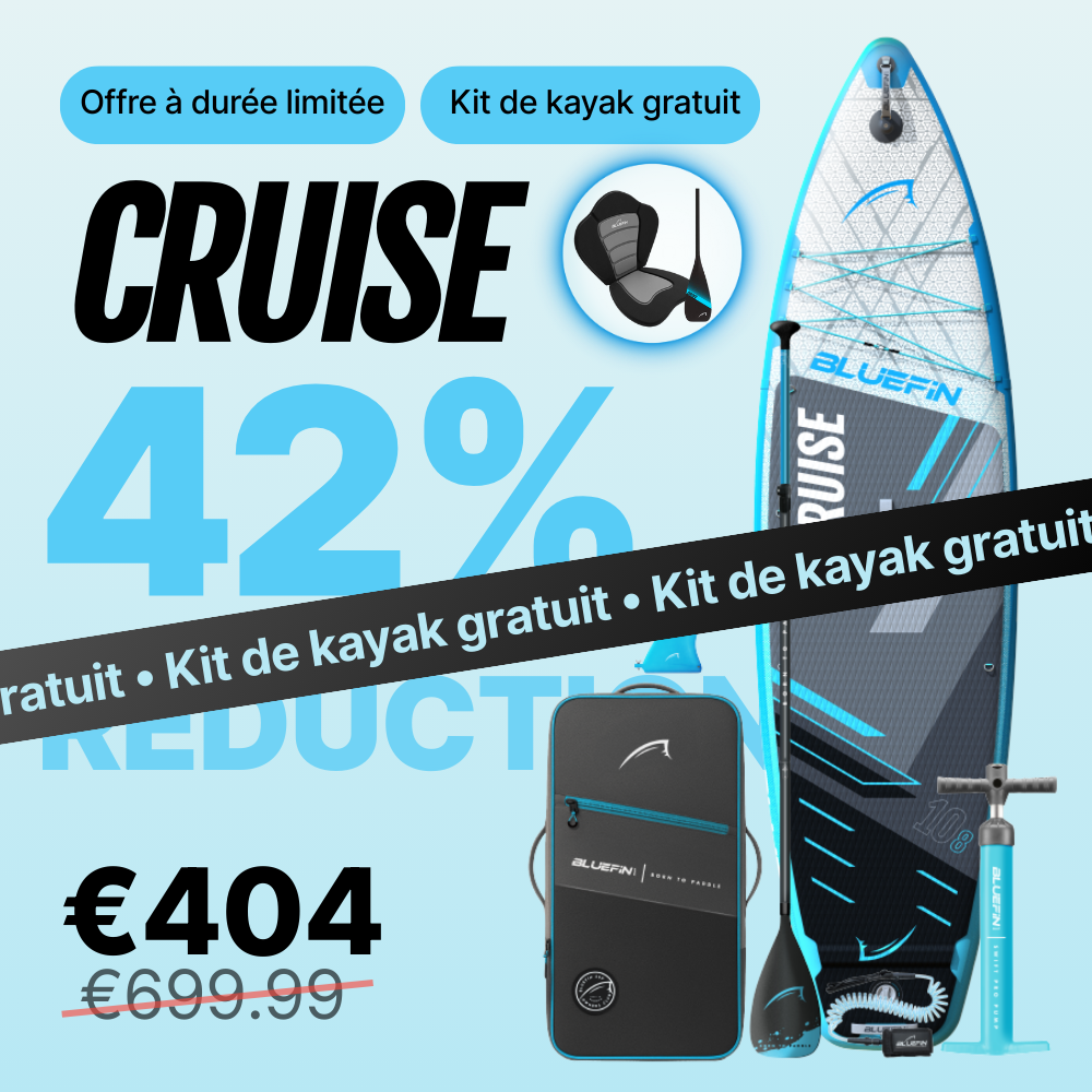 Inflatable paddleboard with blue design, kayak kit, and pump, showing 42% discount and price €404