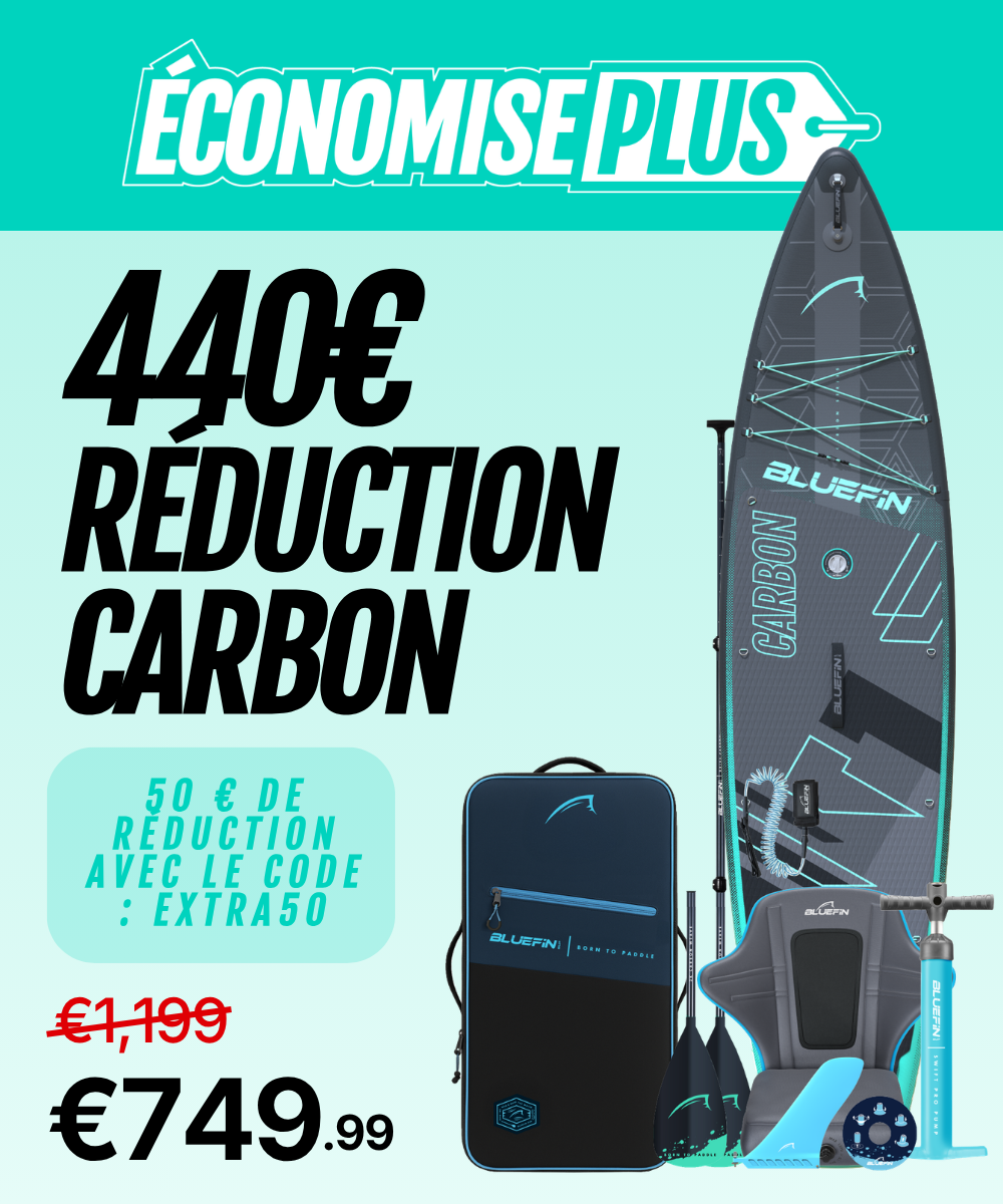 Inflatable paddleboard with accessories, price reduction details, and promotional code for discount