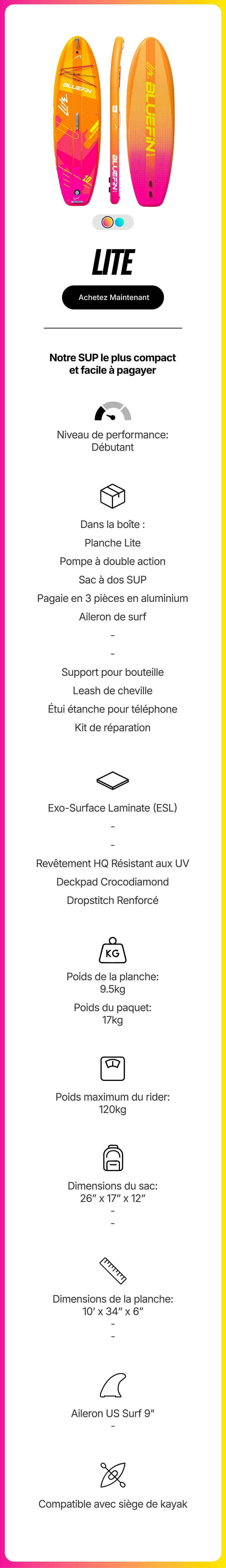 Inflatable paddleboard in orange and pink with textured deck pad, fin, and inflation valve