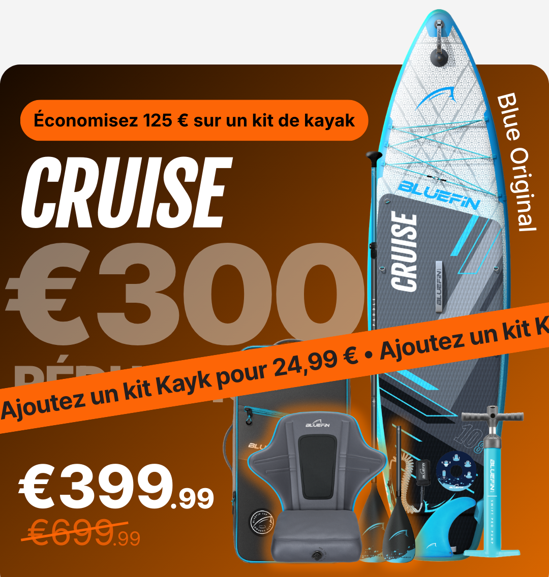 Inflatable paddleboard with blue accents, kayak kit, pump, and seat, showing price and discount details