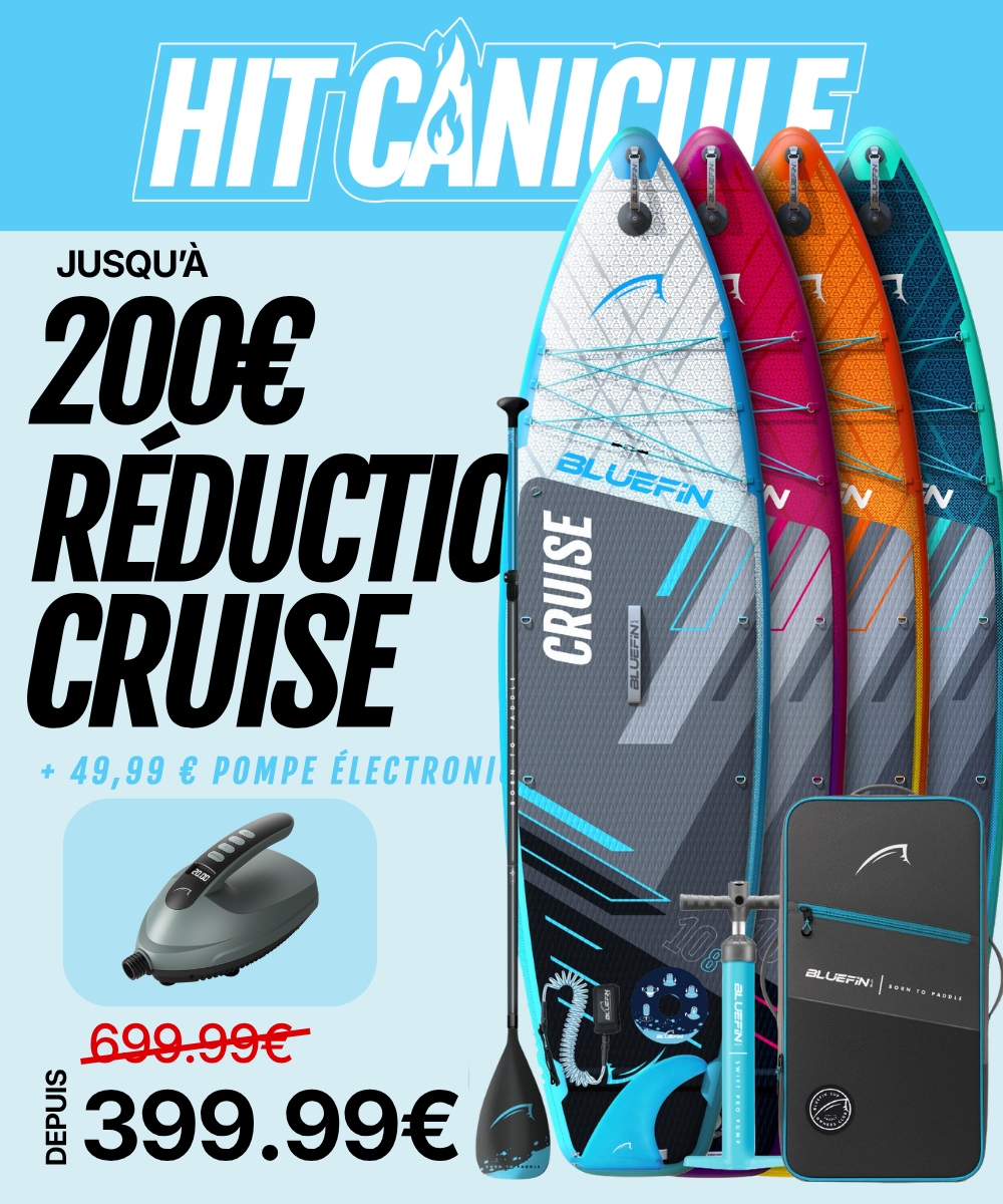 Four inflatable paddleboards in blue, pink, orange, and red with a pump and paddle displayed.