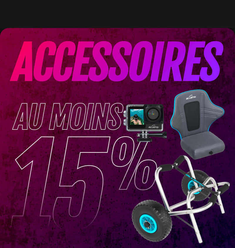 Promotional graphic featuring a camera, seat, and cart with text about 15% off accessories
