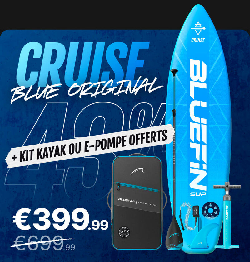Inflatable paddleboard in blue with paddle, pump, and carrying bag, showing price and discount details