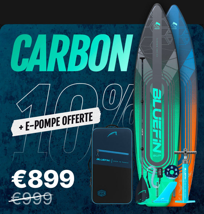 Inflatable paddleboard with blue and orange design, pump, and carrying bag, priced at €899