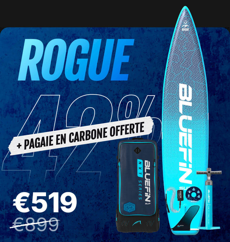 Inflatable paddleboard with blue design, carrying bag, pump, and promotional text for discount offer