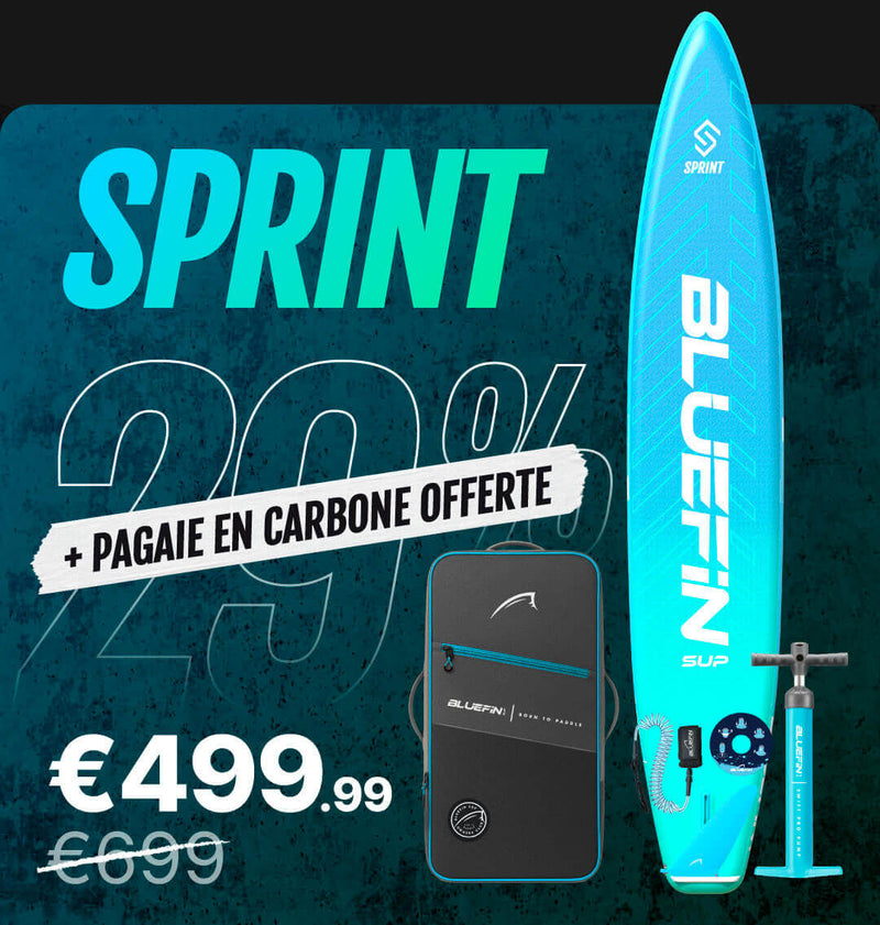 Inflatable paddleboard in blue with fin, pump, and carrying bag, showing price and discount details