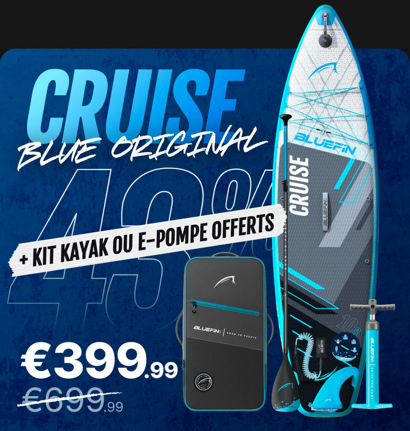 Inflatable paddleboard with blue and gray design, pump, and carrying bag, showing price and discount.