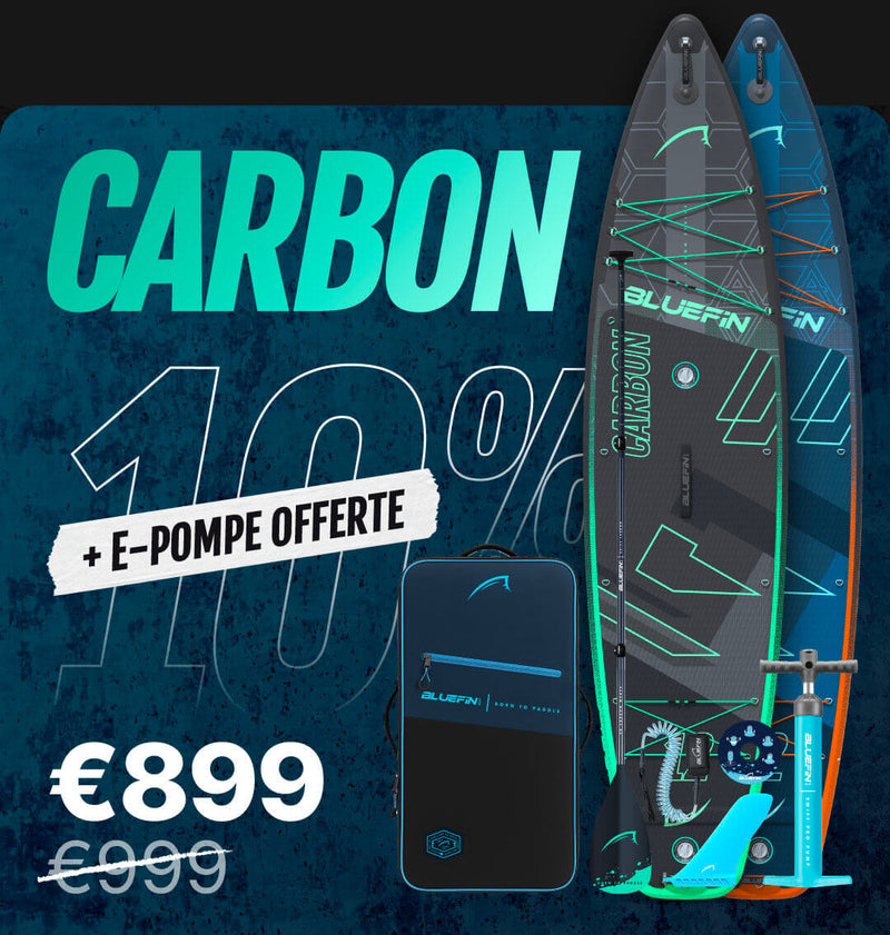 Two inflatable paddleboards with a pump, one in blue and one in black, with a carrying bag and price details.