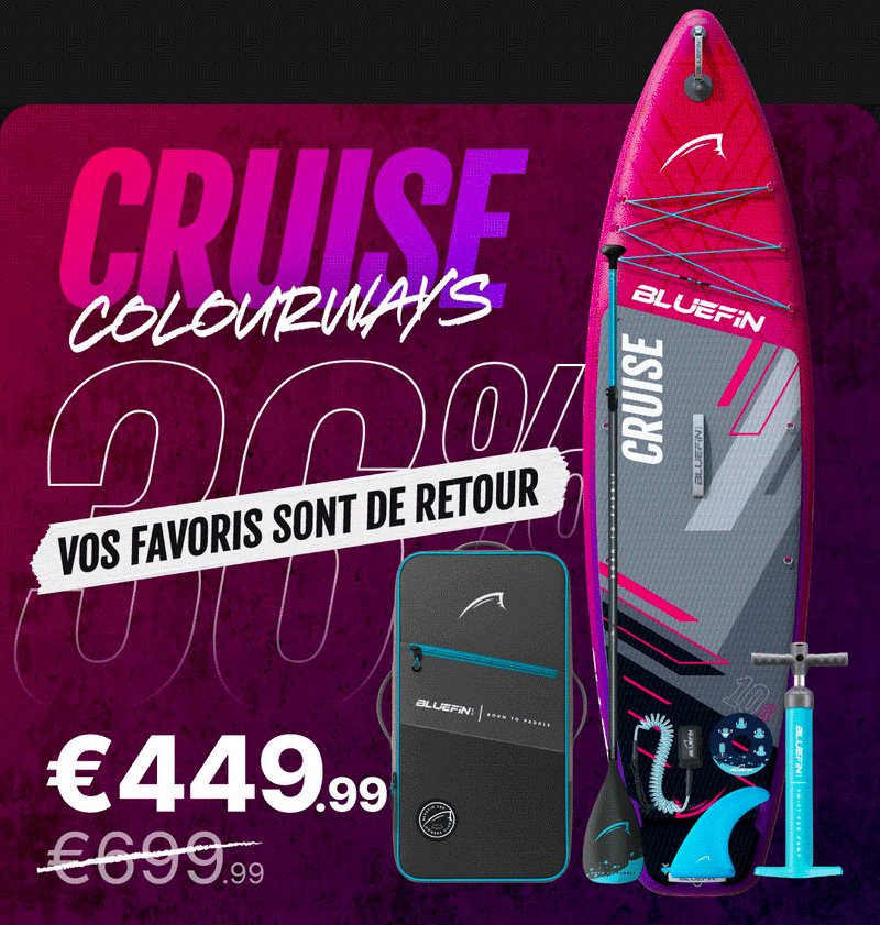 Inflatable paddleboard in pink and gray with fin, pump, and carrying bag, showing a 30% discount.