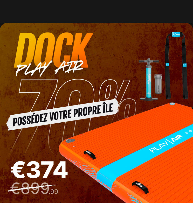 Orange inflatable paddleboard with textured surface, pump, and strap, showing 70% discount.